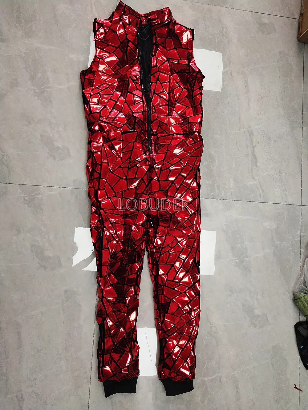 Red Laser Sequins Sleeveless Jumpsuit Mirror Overalls Men Singer Bar Nightclub Hip Hop Rock Dance Costume Band Stage Wear