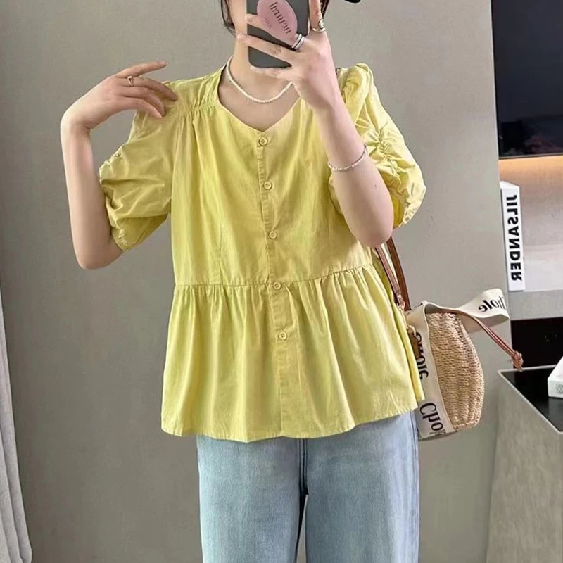 Women\'s Clothing Summer Trendy Ruffle V Neck Short Sleeve Shirt Casual Solid Loose Chic Blouse Y2K Kawaii Streetwear Cotton Tops