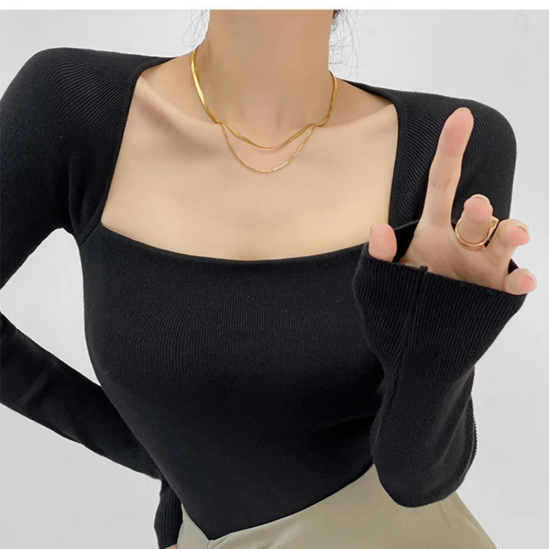 Korean Chic Long Sleeved Sexy Square Neck T-shirt Female Slim Fit Pullover Tops Knitting Bottoming Shirt Autumn Womens Clothing