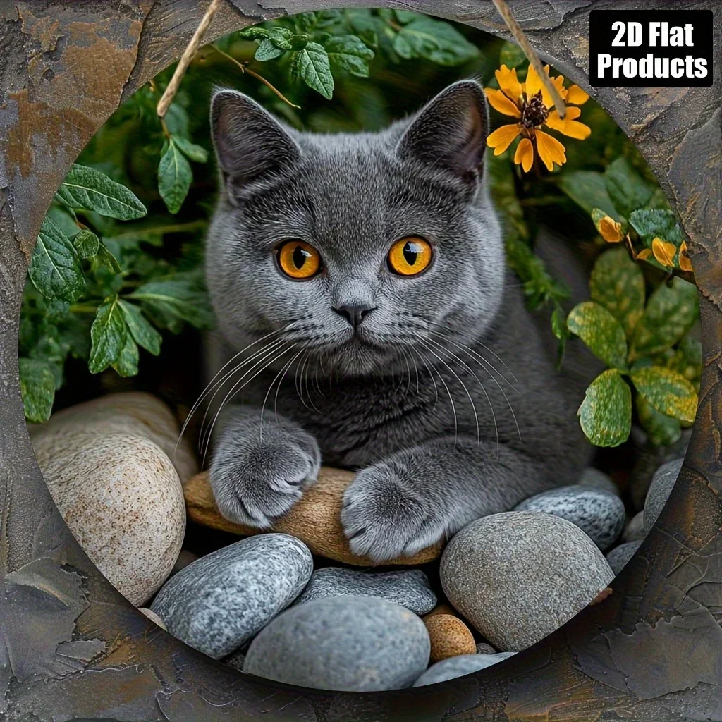 2D Flat, Round Wooden Decorative Wall Art - British Shorthair Cat with Vibrant Orange Eyes, 20.32cm Round Hanging Ornament for H