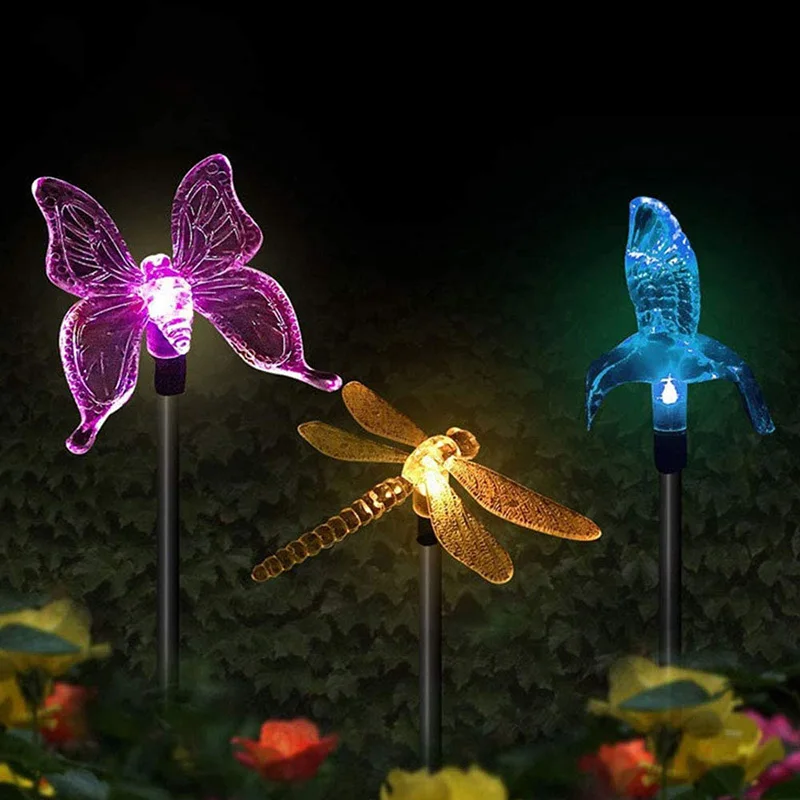 Led Solar Stake Lights Multi-Color Changing Dragonfly Butterfly Bird Lawn Lamps Outdoor Garden Yard Landscape Pathway Decoration