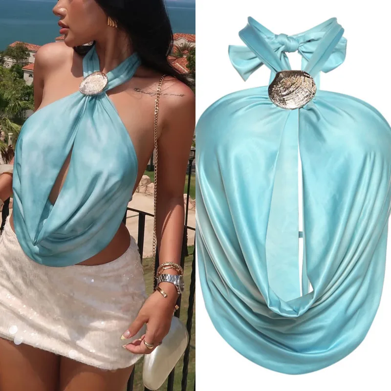 

Chic Sexy Satin Draped Halter Crop Top For Women Backless Silky Bow Design Sleeveless Vest For Summer Beach Party Holiday Look