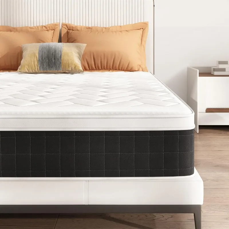 10 Inch Hybrid Euro Top Mattress Bed in A Box, Individually 5-Zone Pocketed Spring Mattress for Pressure Relief & Motion