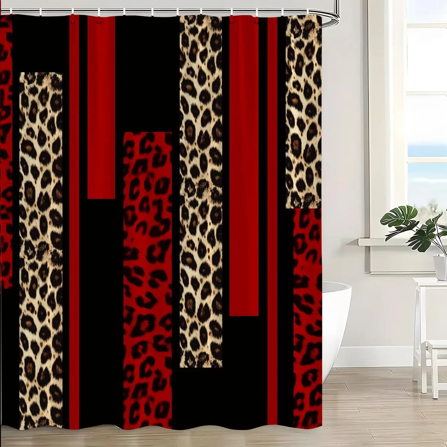 Leopard Print Shower Curtain Red Black Stripes Brown Wild Animal Geometric Patchwork Cheetah Skin Modern Abstract Decor