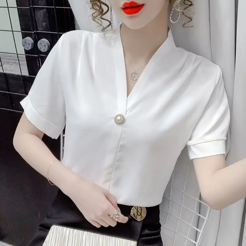 2024 Summer Women's Leisure Fashion Elegant Commuting V-neck Solid Color 3D Decoration Folded Chiffon Style Design Sense Top