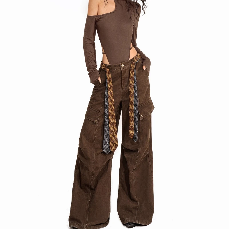 American Retro Pleated Women's Cargo Pants 2025 Autumn Winter New Wide-Leg Floor-Length Fleece-Lined Warm Versatile Jeans Ladies