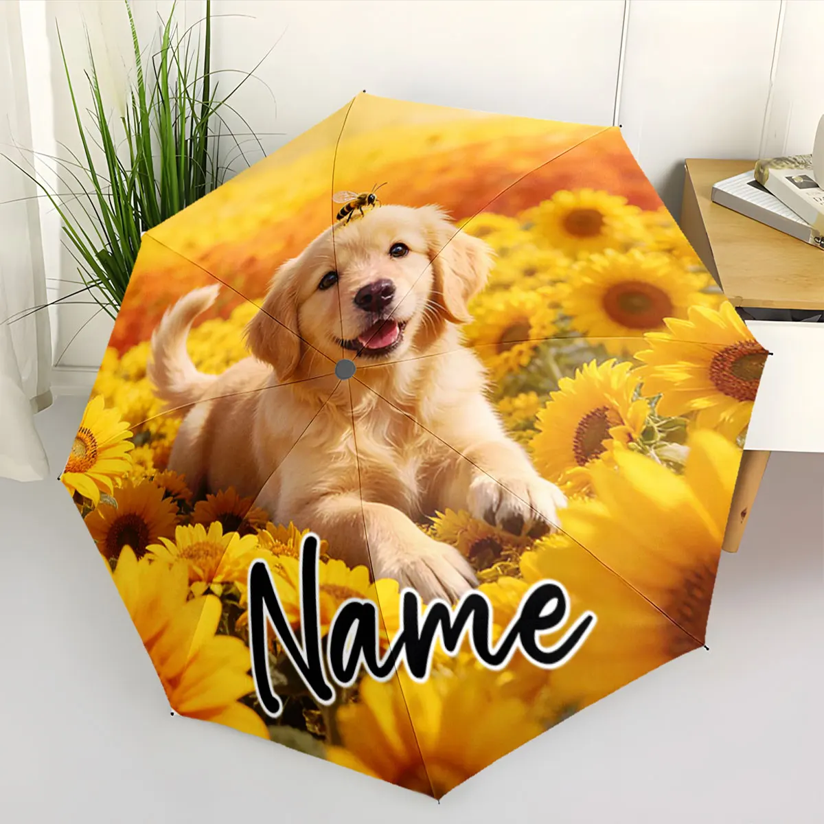 Custom Name Golden Retriever in a Sunflower Field Umbrella Print 8 Iron Ribs Folding Umbrella Auto-Open Fashion Sunshade