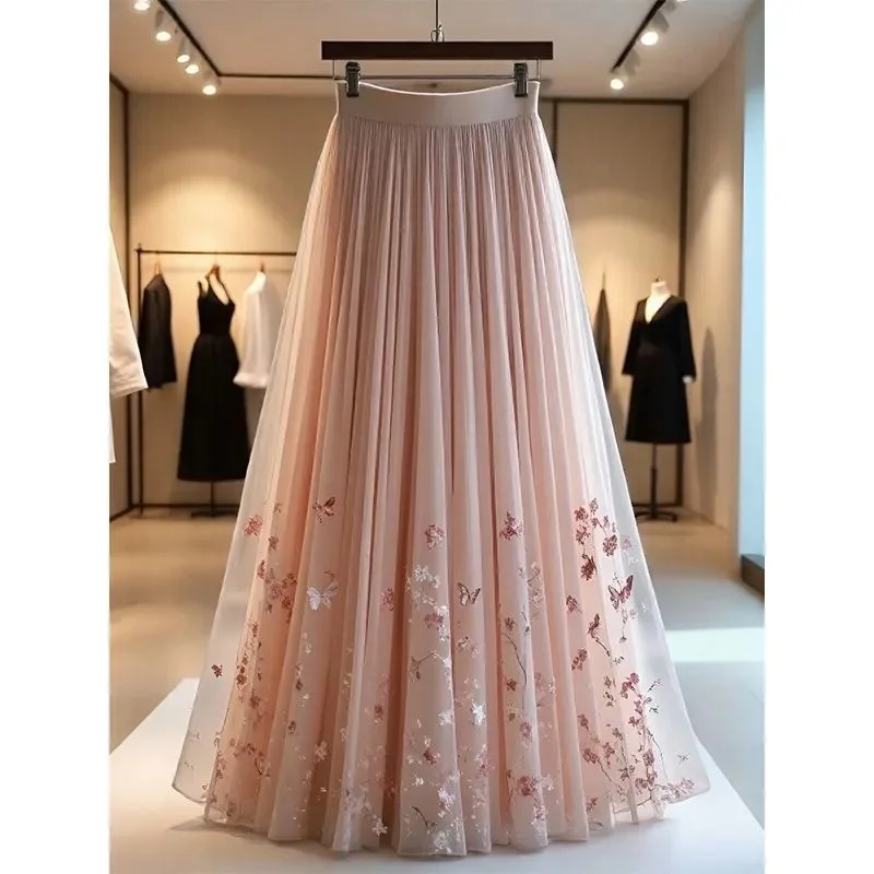 

New French Butterfly Printed Long Skirt Women Summer Elegant Elastic Waist Versatile A-Line Party Skirts Women Sweet Fairy Jupe