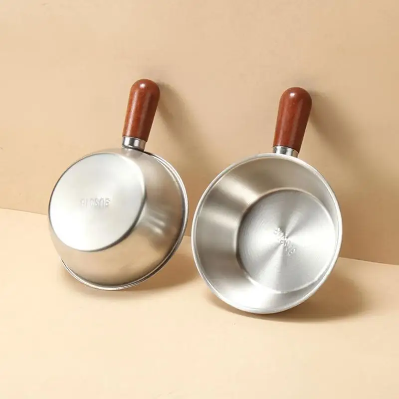1Pcs Mini Saucepan Made of Stainless Steel with Wooden Handle, Ideal for Oil, Soup, and Milk; Perfect Kitchen Accessory