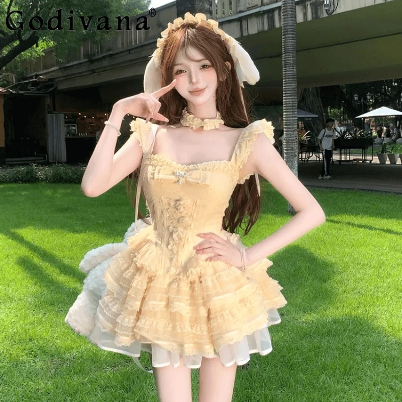 Doce bowknot vestido de pescoço quadrado para mulheres estilo japonês manga voadora com vestido de renda feminino verão princesa vestido bonito