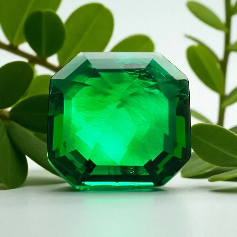 Lab Grown Zambian Emerald- Hydrothermal, Hand-Cut, Asscher Cut, with Cracks Inclusions,With  AGL Certificate For Jewelry