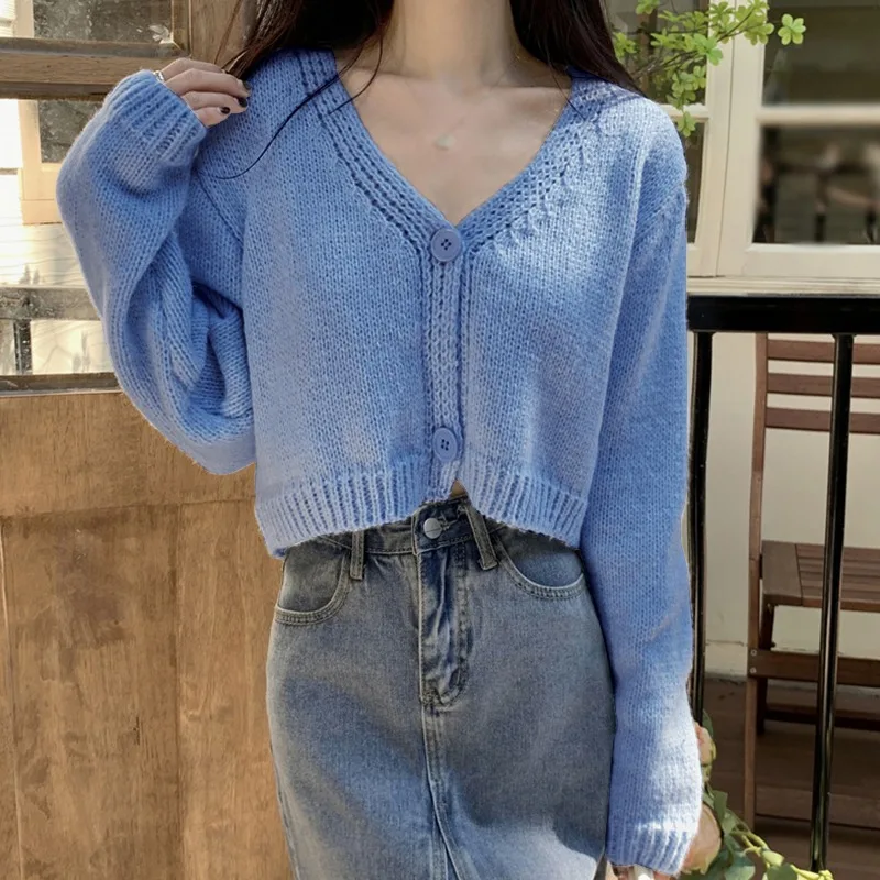 Y2k Nữ Áo Len Cardigan Dệt Kim Cắt Xén Ngắn Hàn Quốc Áo Thun Dài Tay Dáng Crop Top Nữ Cổ V Thời Trang Mặc Áo Vải