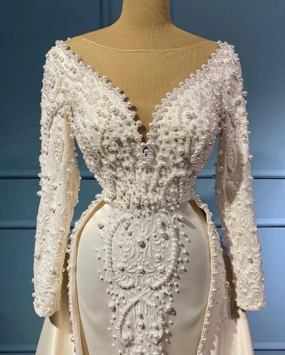 ชุดแต่งงานทรงเมอร์เมดสุดหรูสำหรับผู้หญิง คอทรงโอ แขนยาว ประดับมุกและลูกไม้ พร้อมกระโปรงแบบถอดได้ สามารถสั่งตัดได้