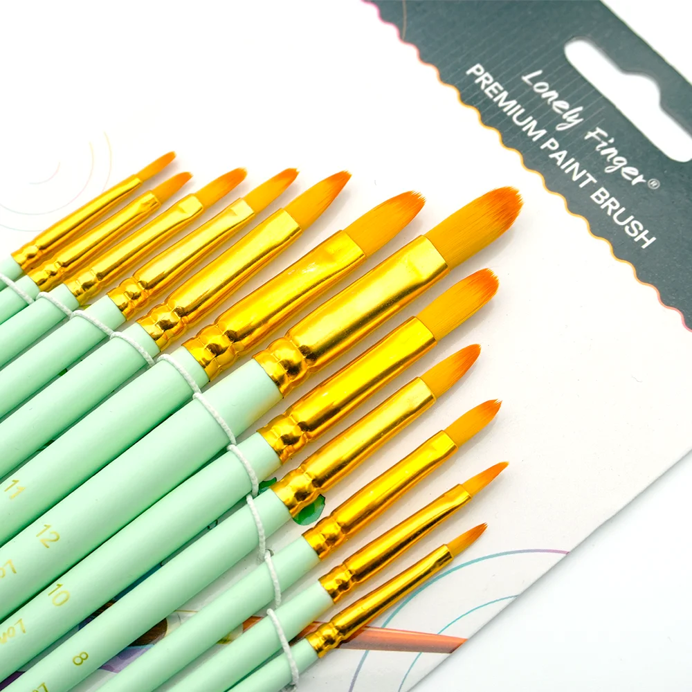 12Pcs Filbert Nylon Paint Brushes Light Green Handle Artist Drawing Kit Watercolor Acrylic Oil Gouache Student Art Craft Supply