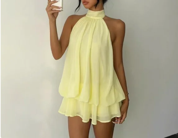 

Women's Dress 2026 Spring Summer New Solid Color Sexy Backless Hanging Neck Sleeveless Ruffles Hem Casual Puffy Short Dress