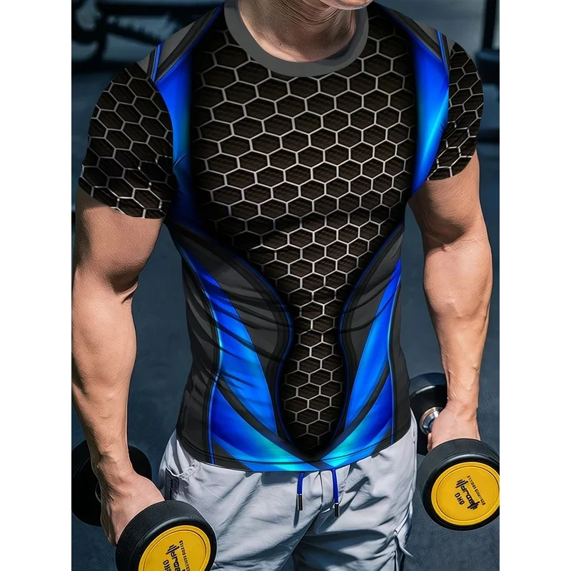 Men's Short Sleeve Sports Tshirt High Elasticity Quick Dry Mesh Panel Curved Blue Print Breathable Compression Gym Top