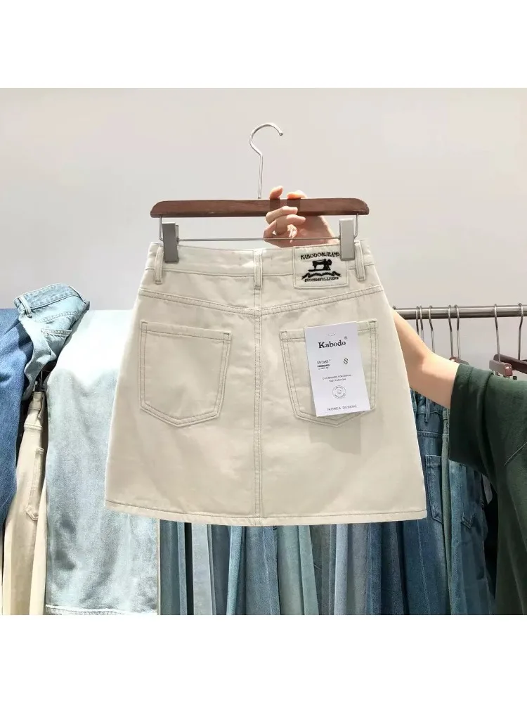 New 2026 Women's Slim Fit Half Skirt in Beige Denim High Waist A-Line  Skirt with Embroidery Cotton Blend Anti-Light