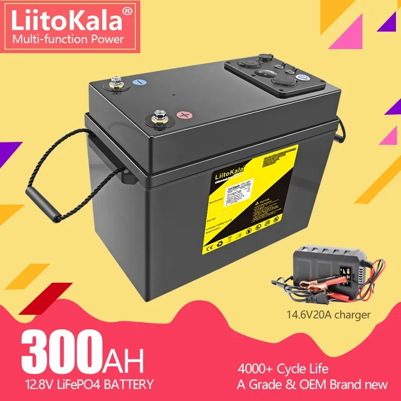 LiitoKala 12V 300Ah LiFePO4 Battery 12.8V Power For RV Campers Golf Cart Off-Road Off-grid Solar Wind，QC3.0 Type-C USB output