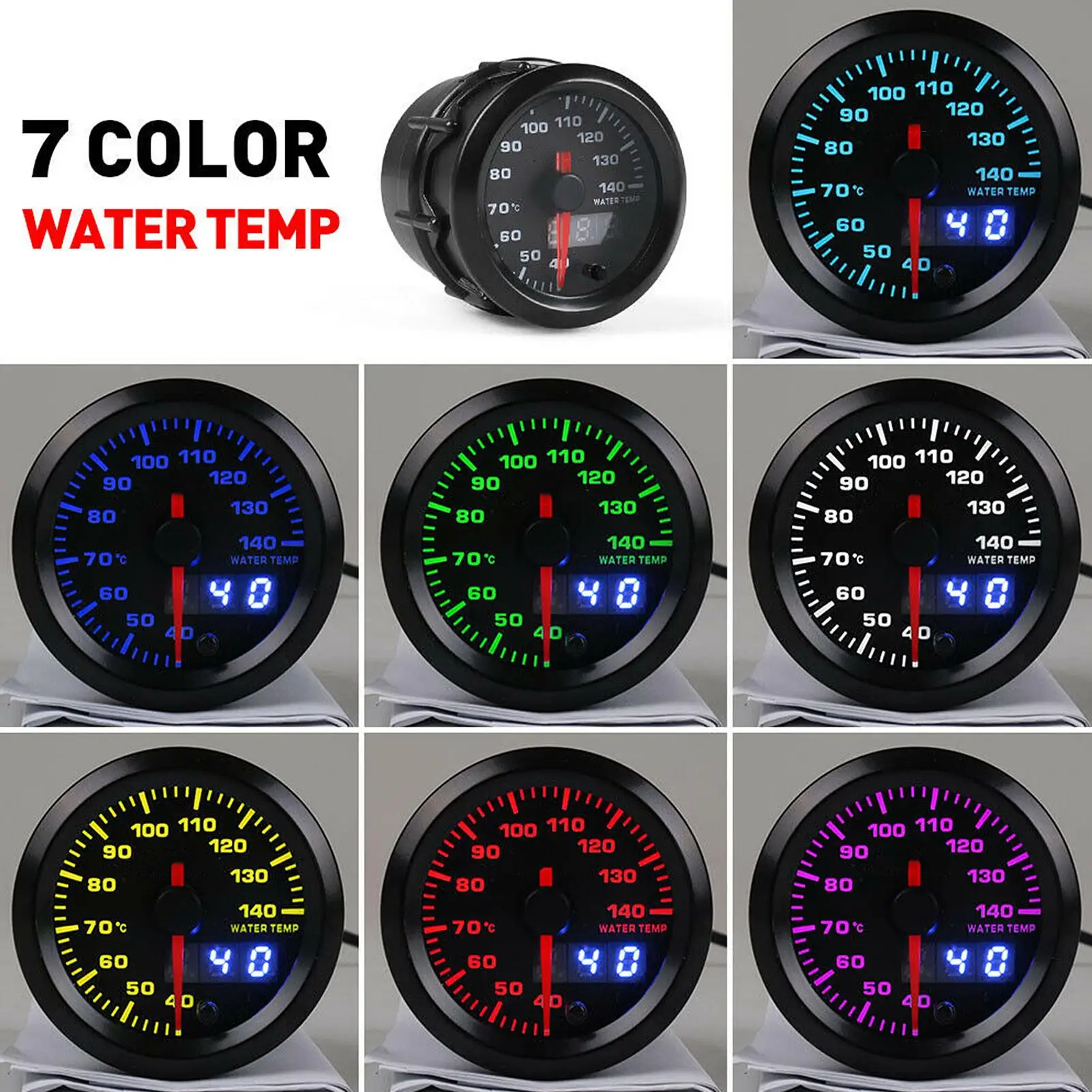 2in Water Temperature Gauge 40-140℃ Pointer 7 Colors LED Display Universal for 12v Cars