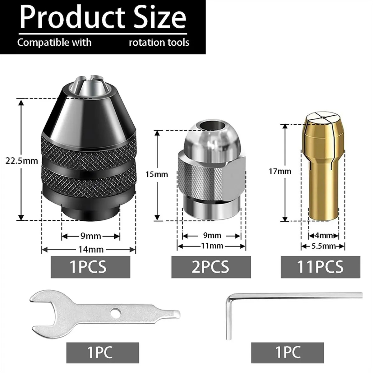 

Набор цанг для сверлильного патрона REST, 16 шт., набор цанг для сверлильного патрона от 1/32 до 1/8 дюйма с латунной цангой 11 шт., патрон 3 шт., ключ 2 шт.