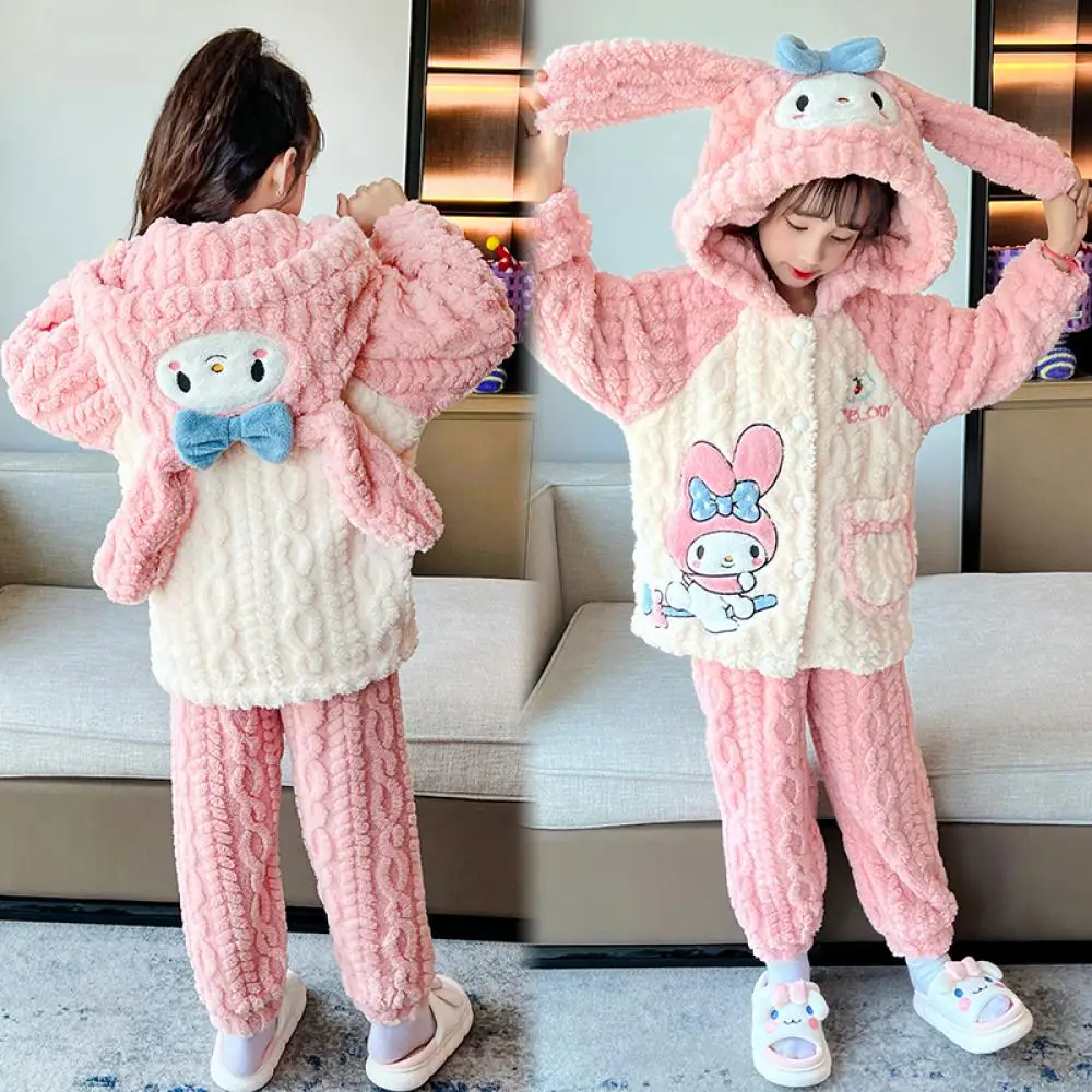 Autumn Winter Kawaii 2Pcs Kuromi Kids Flannel Pajama Melody Cinnamoroll Anime Sanrios Girl Boys Warm Thicken Loungewear Homewear