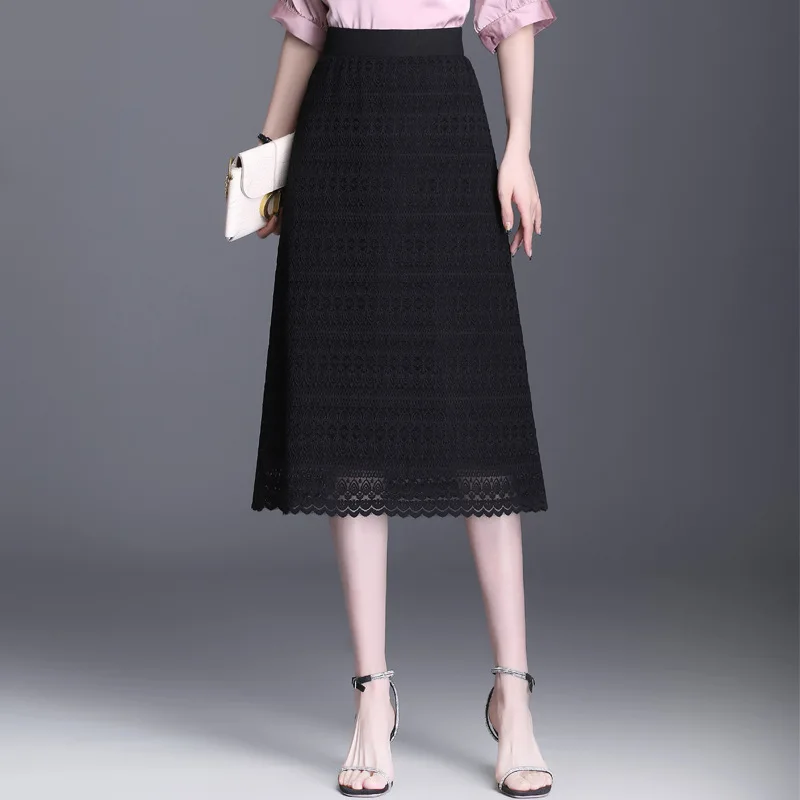 ZUZK Lace Knitted Two Sides Wear Lace Skirt Women 2025 Spring Summer New Elastic Waisted Simming Sense of Long A-line Skirt