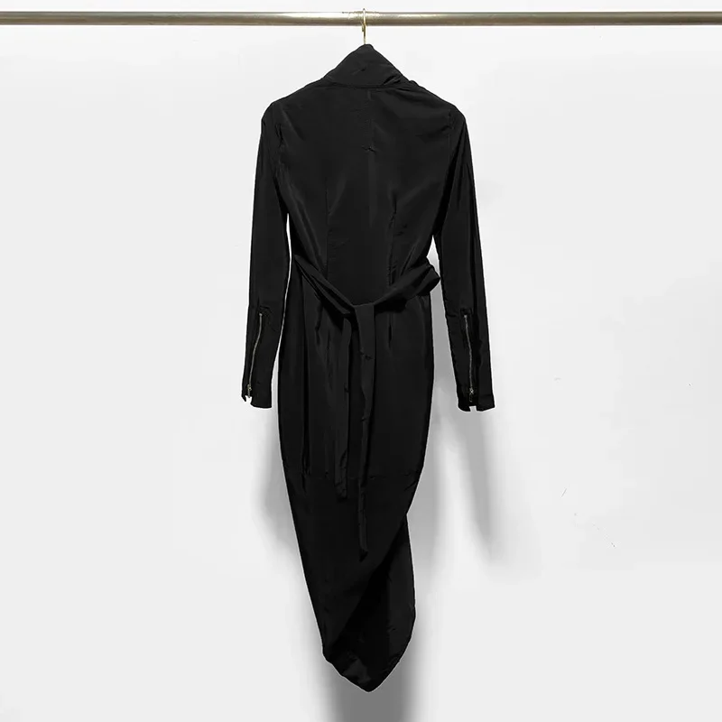 High Street Women's Lace Up Temperament Deep V-neck Long Sleeved Slim Fit Hip Hugging Jumpsuit Long Dress Windbreaker Coat