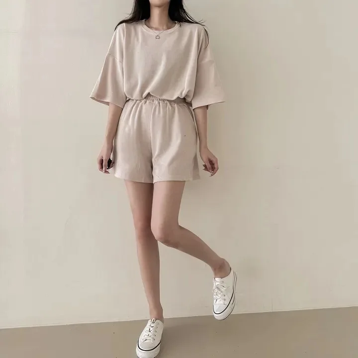 Summer Student Korean Style Loose-fit Tracksuit Solid Color Women Sports Suit Short Sleeveless Cotton Shorts Casual 2 Piece Sets
