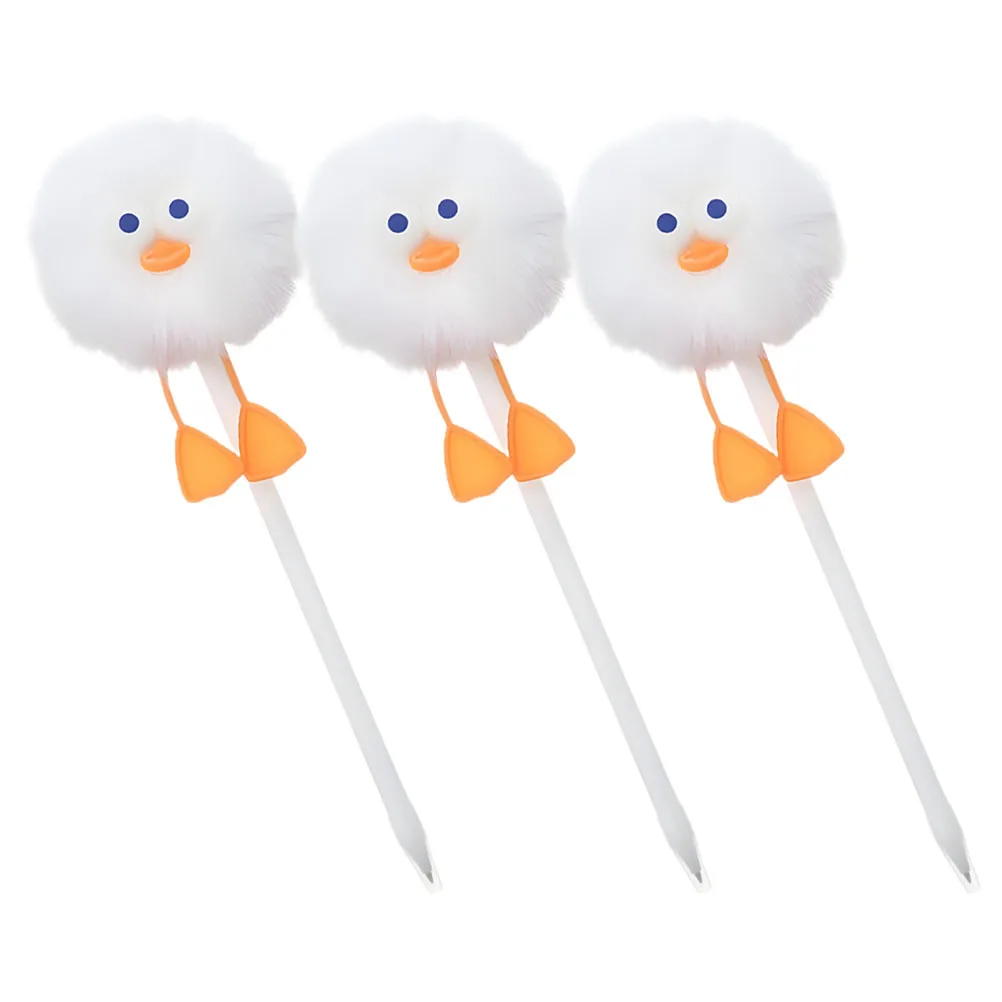 3pcs Adorable Duck Pom Pom Ballpoint Pens Writing Pens For Students Office Smooth Gel Ink Creative Journaling