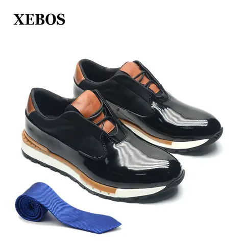 XEBOS 럭셔리 남성 옥스포드 스니커즈 블랙 정품 특허 가죽 레이스 업 미끄럼 방지 단독 부드러운 오피스 파티 캐주얼 신발 남성용