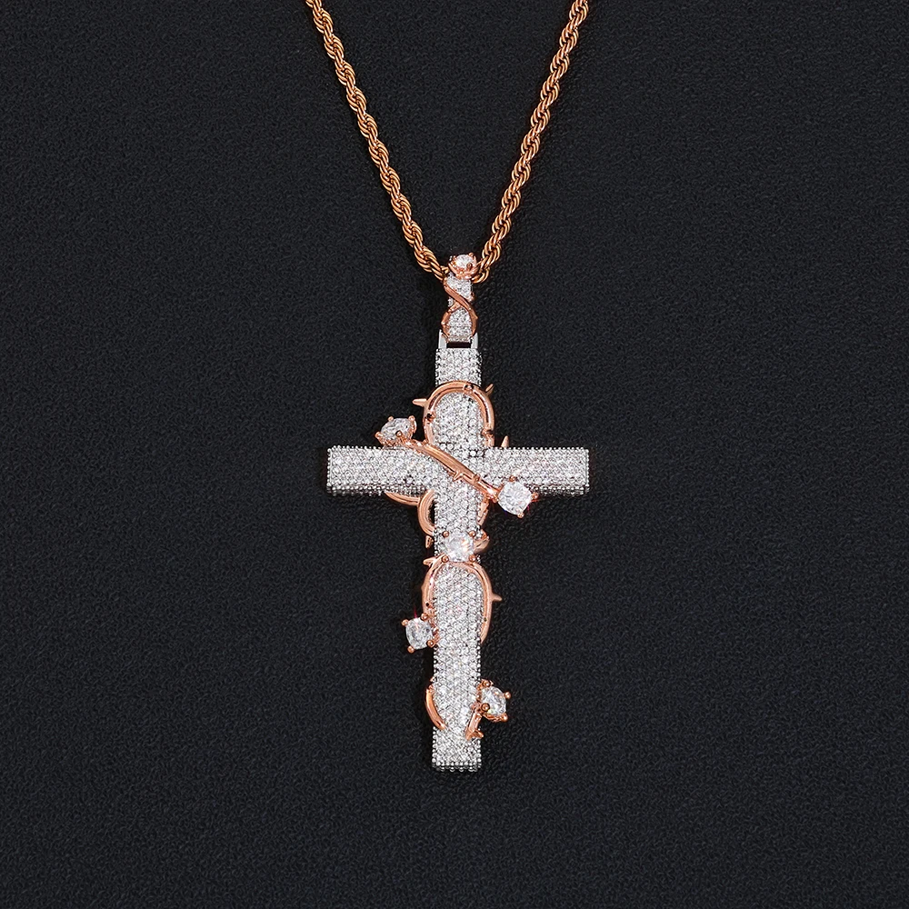 Iced Out Thorn Cross Pendant VVS1 Moissanite 925 Sterling Silver Hip Hop Christian Men Necklace Gold Silver Two Tone Jewelry