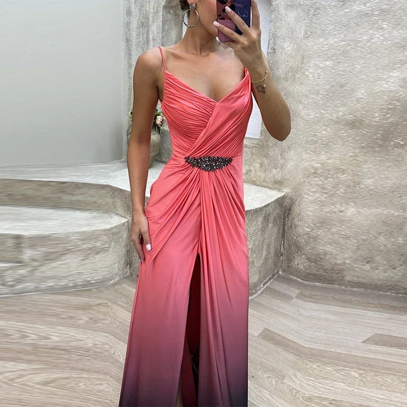 2023 ผู้หญิงแฟชั่น Maxi ชุดหญิง O-คอชุดราตรี Vestido ใหม่ผอมเย็บจีบ Slit ชุดลําลอง