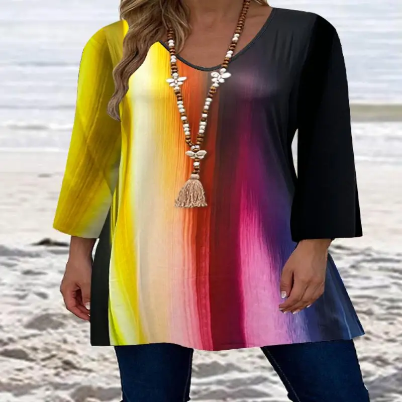 

Plus Size Casual Top Women's Plus Print Three Quarter Sleeve V Neck Slight Stretch Tunic Top