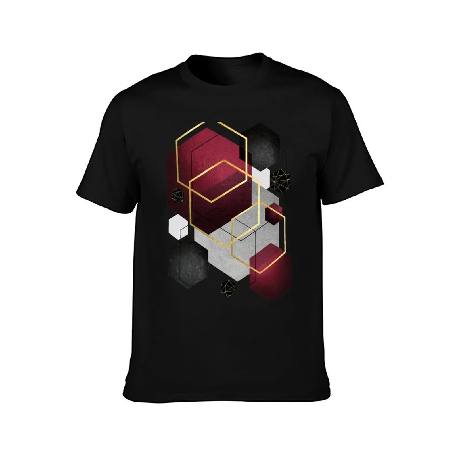 Geometric Hexagons in Red and Black T-Shirt, Summer Casual Cotton Tee, Oversized Streetwear Tops, Vintage Graphic Print