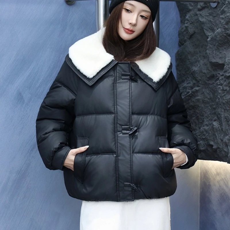 Fashion Lamb Fur Lapel Winter Down Cotton Jacket Women Coat 2026 New Korean Thick Parkas Female Warm Snow Outerwear Overcoat