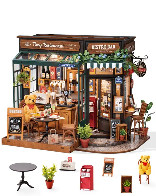 Robotime Rolife Tipsy restauracja miniaturowy domek dla lalek 3D drewniane Puzzle Bistro Bar Design prezenty dla rodziny zabawki do dekoracji domu