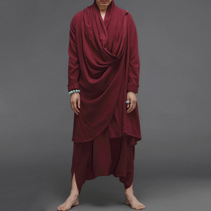 

Hemp Cloth Cotton Clothes Meditation Home Suit Loose Long Cape Sets National Style China Outdoor Gongfu Taiji Fitness Clothing