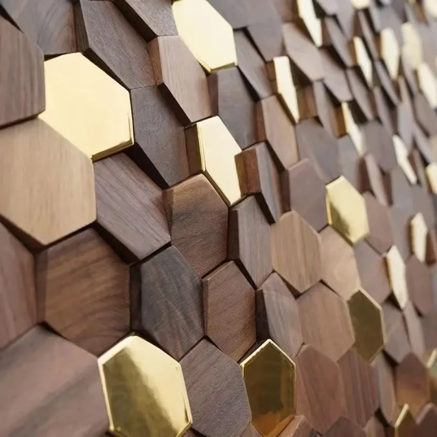 Hexagon 3D Wood Wall Art for Teahouse Black Walnut Wood Metal Mosaic Tile TV Background Interior Art Wall Decor Naklejki ścienne