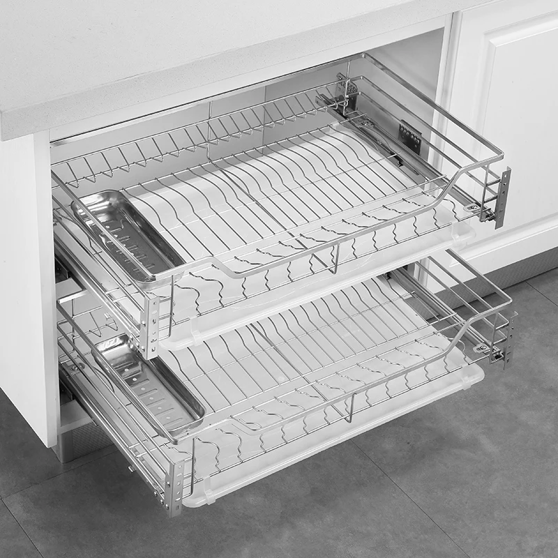 

Single layer kitchen basket, 304 stainless steel cabinet drawer type bowl and tray basket, buffer damping guide rail