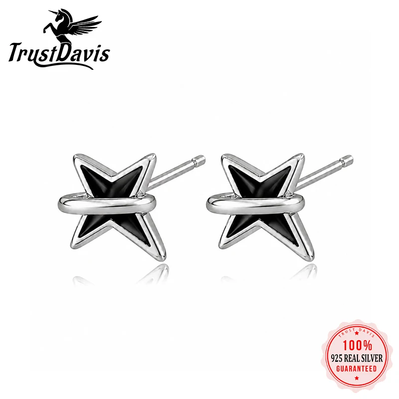 Trustdavis Real 925 Silver Fashion and Minimalist Black Four-pointed Star Stud Earrings for Women Fine Nice Jewelry Gifts DS4936