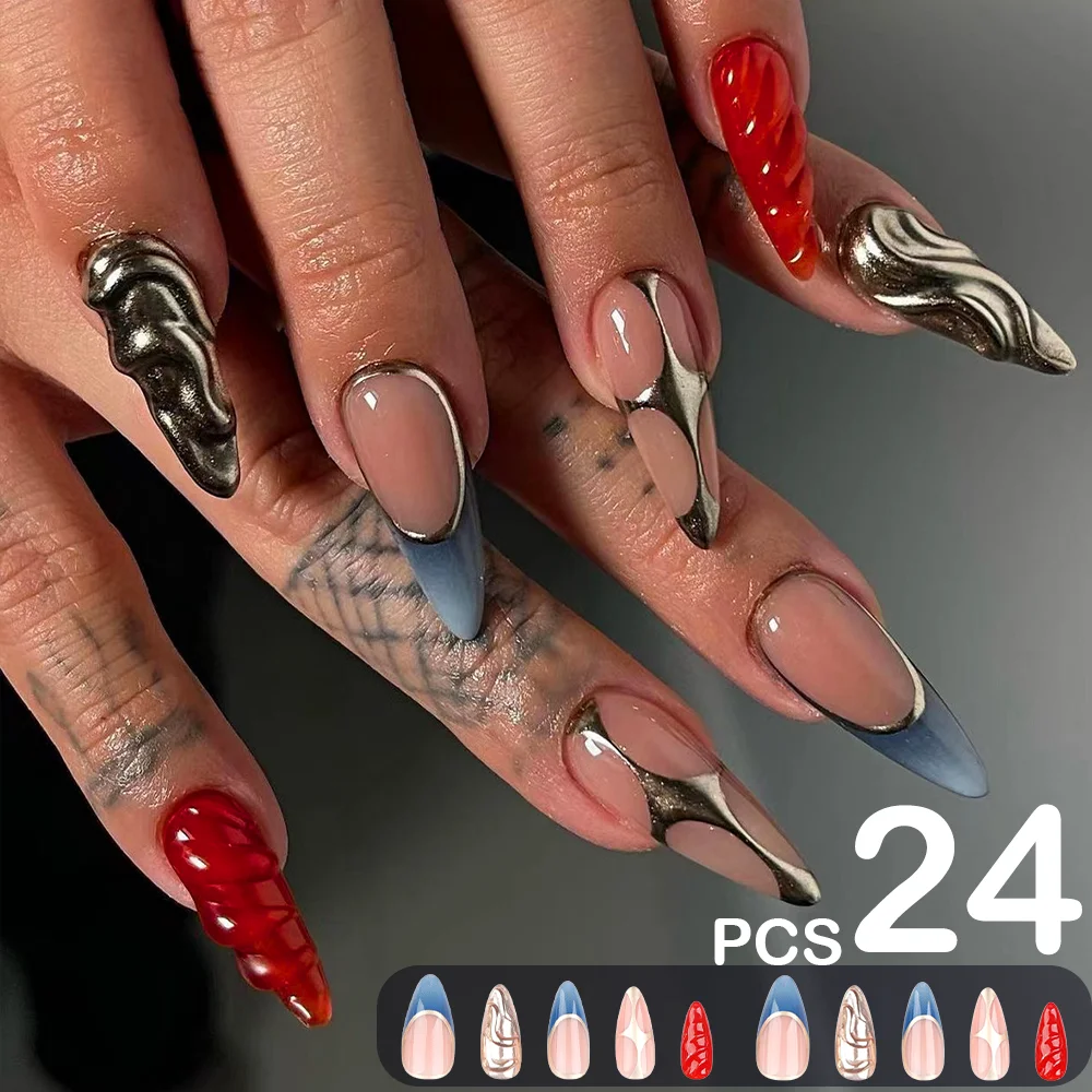 

24Pcs Blue French Press On Nails Chill Long Stiletto Fake Nails Punk Y2K Spicy Girls Detachable Nail Tips Summer 3D Red Sliver