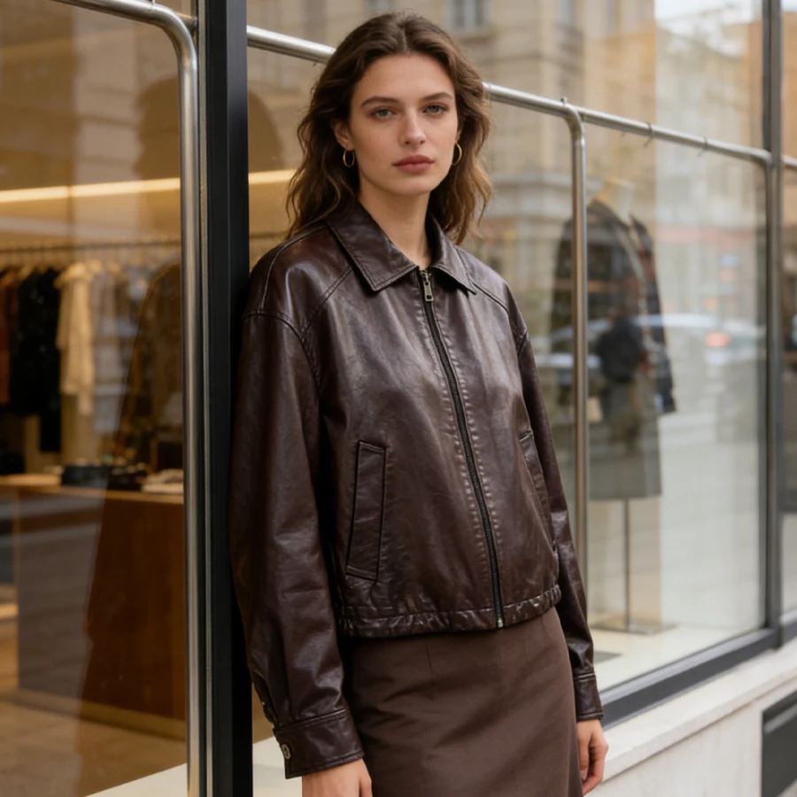 

Women's Motobiker Zipper Jacket Leather Bomber Jacket Brown Short Sheepskin Coat