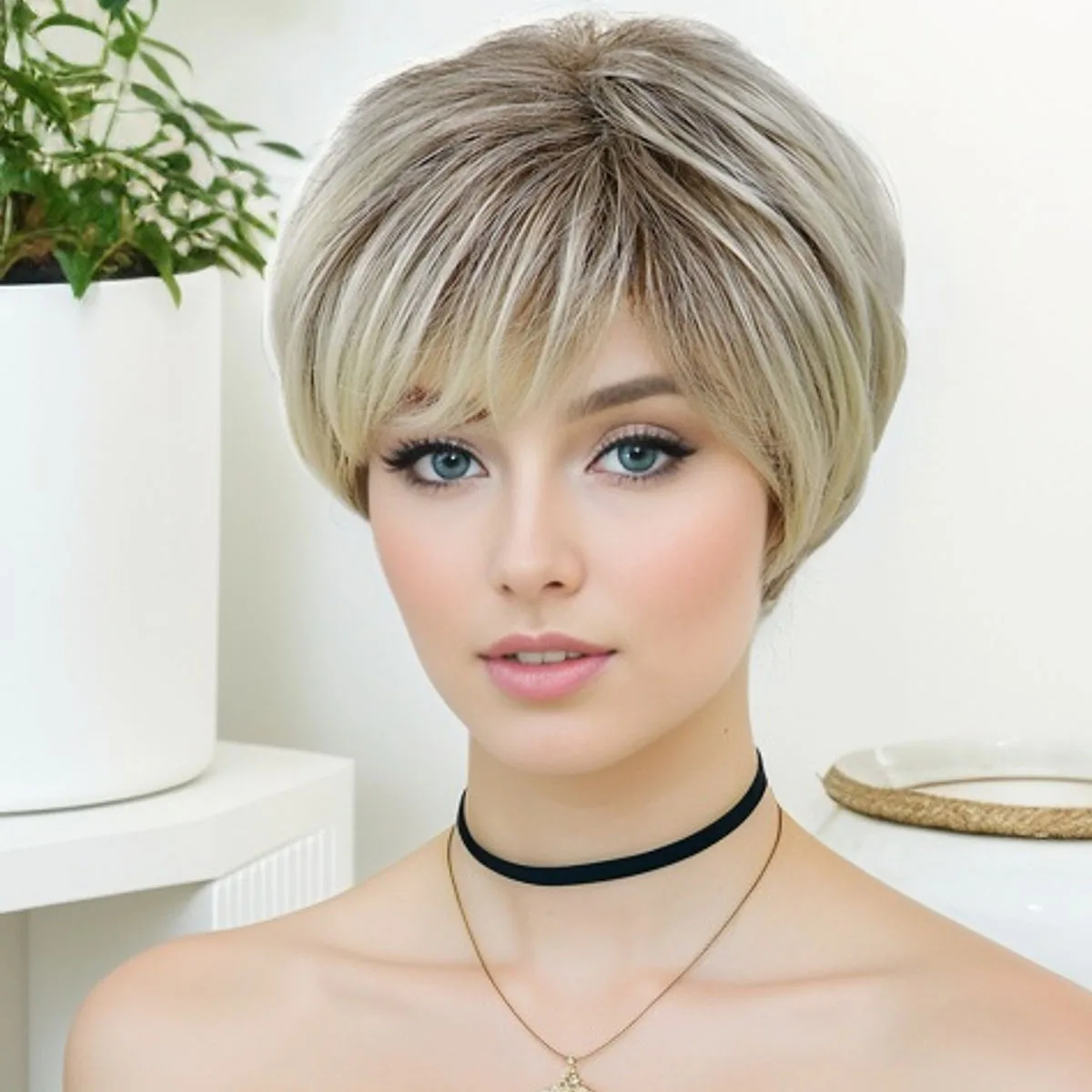 Syntetyczne krótkie peruki dla kobiet Ombre Blonde Peruka z grzywką Czarne korzenie Mix kolorów Peruki Naturalne proste fryzury Mommy Wig Health