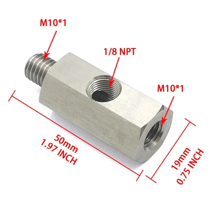 Oil Pressure Sensor Tee M10x1.0 to M10x1.0 Adapter Side Holes 1/8NPT Female Turbo Supply Feed Line Gauge