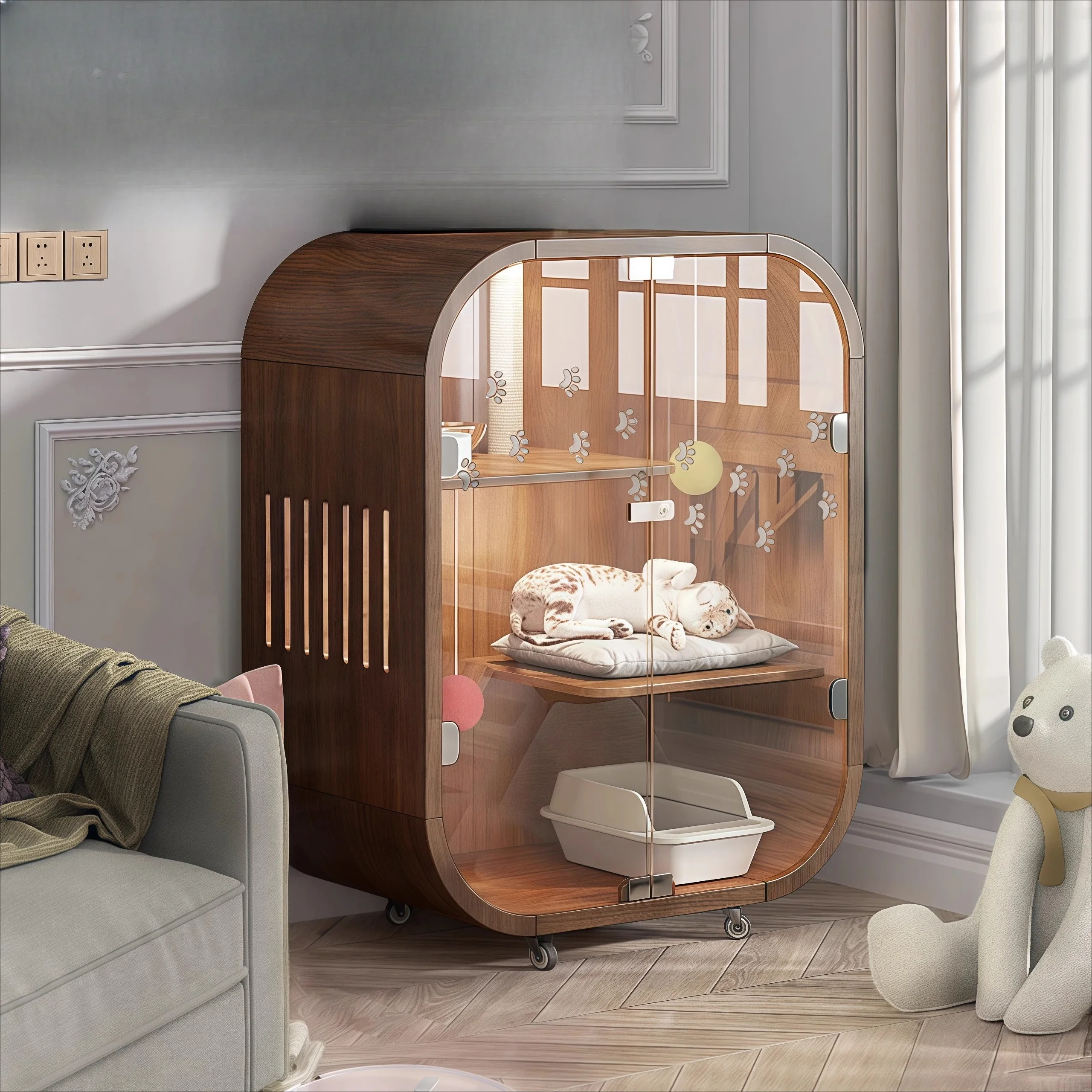 Pure solid wood cat cage, indoor large household   villa with toilet integrated