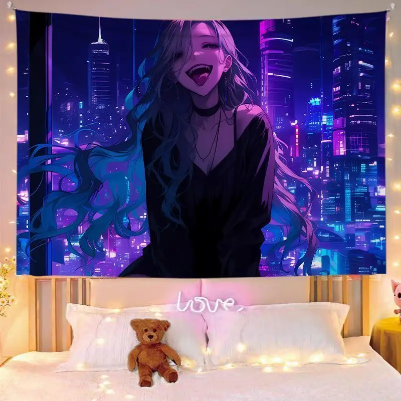 VIKAMA White Line Art Anime Girl Biting Finger Wall Tapestry Hanging Decor Bedroom Dorm Aesthetic Minimalist Soft Durable Cozy