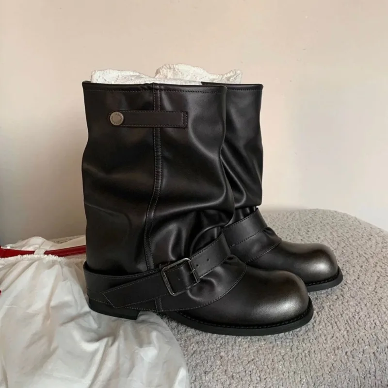 

Женские рыцарские сапоги в западном стиле, плиссированные кожаные женские туфли на среднем каблуке в стиле ретро, Botas Mujer, коричневые, черные кожаные женские туфли