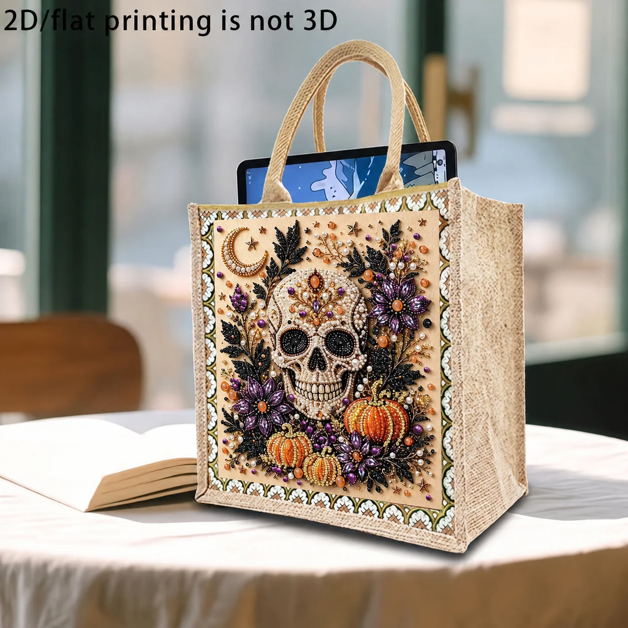 Halloween Skull Pumpkin DIY 5D Pearl  Painting Jute Tote Bag Handmade Craft Bag