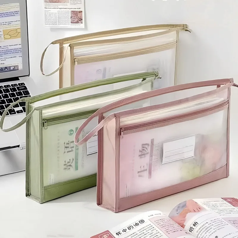 Large Capacity A4 Transparent Mesh File Organizer Bag with Double Zipper Closure Portable School & Office Storage Handheld Bag