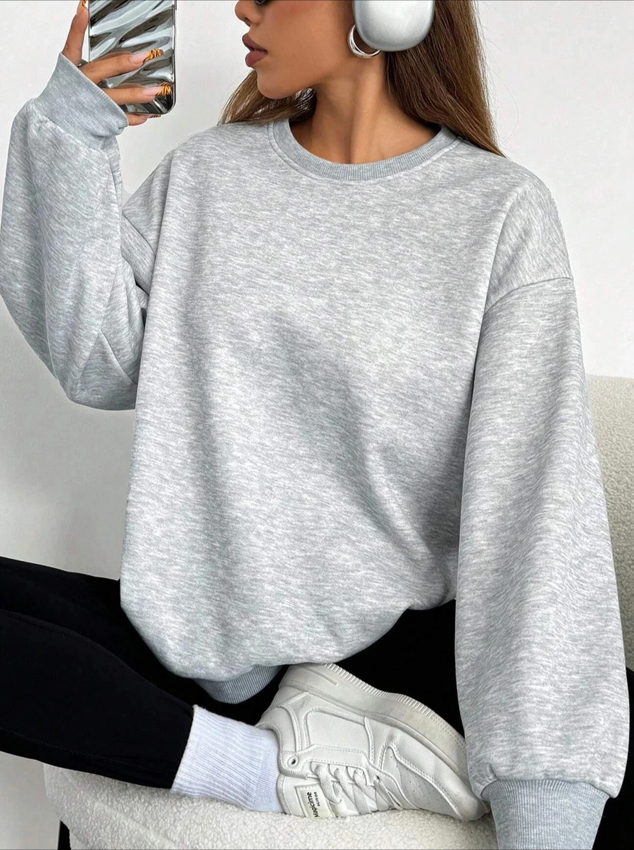 Dames lente/herfst casual eenvoudig effen kleur los sweatshirt met lange mouwen versie O-hals basic top streetwear